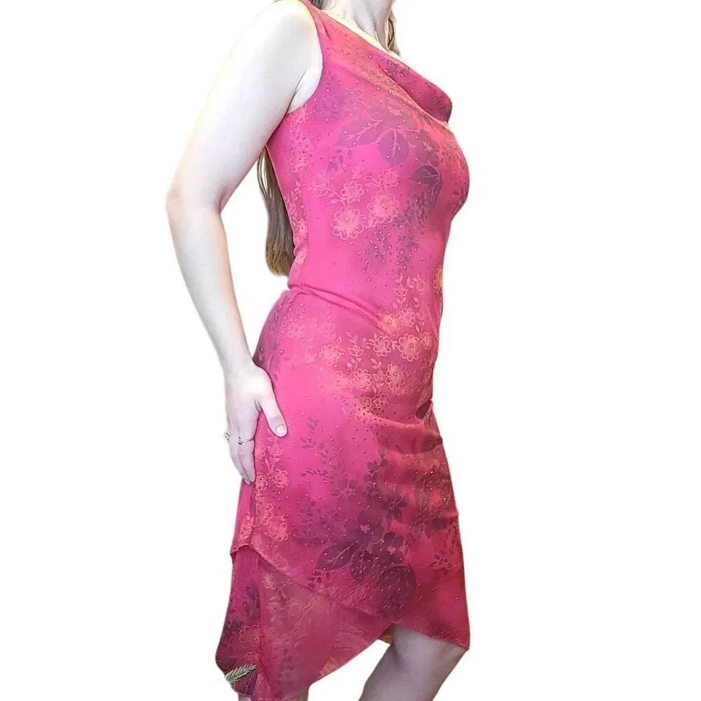 Vintage Y2K Dress Women's XS Red Floral Sparkle Mesh Handkerchief Fairy Midi